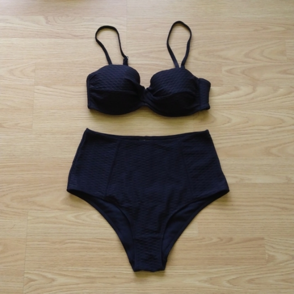H&M Black Jacquard Top and Bottom Bikini Set | 34B and Size 8